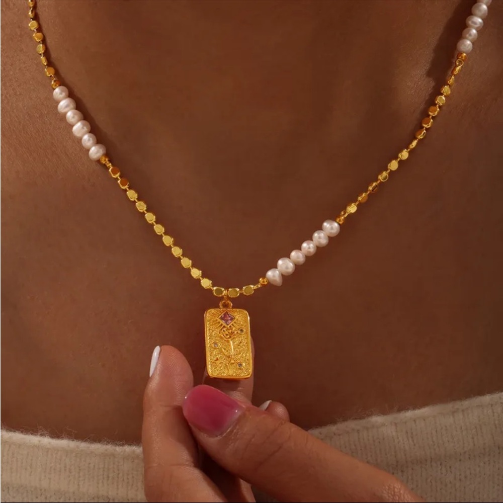 DAINTY Boho 14K Gold Plate Stainless Steel Pendent Necklace Faux Pearls